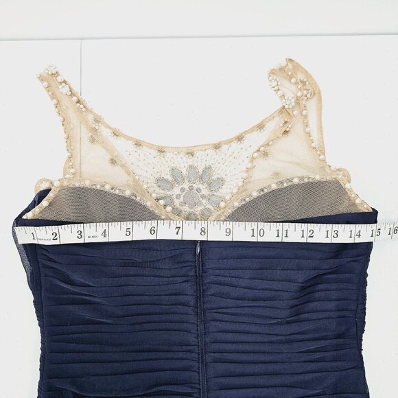 Adrianna Papell Illusion Bodice Jersey Sheath Dress Womens 6 Navy Mini Cocktail - Picture 5 of 16